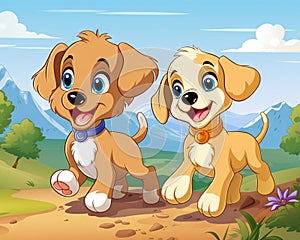 Two puppies dancing in nature are rendered in the style of animated cartoons.