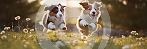 Two Puppies Jumping In The Air In A Field Two Puppies Jumping In The Air, Puppies In A Field, , Play