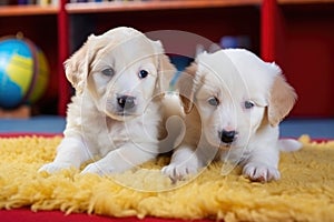 two puppies near a globe on a bright colored carpet