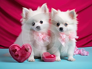 Two puppies with pink bows beside a heart cushion.