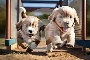 two puppies are running and chasing each other in a playground