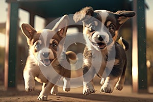 two puppies are running and chasing each other in a playground