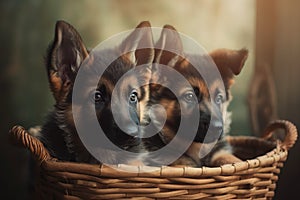 two puppies sitting in a basket looking at the camera