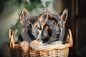 two puppies sitting in a basket looking at the camera