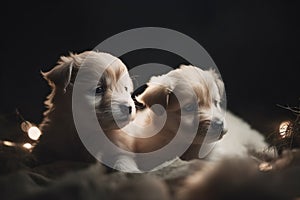 two puppies are sitting on a blanket together in the dark