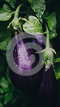 two purple eggplants with water droplets on them