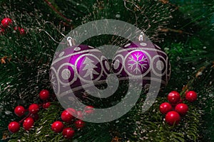 Two purple festive balloons with the image of a Christmas tree and snowflakes hanging on artificial branches of a spruce