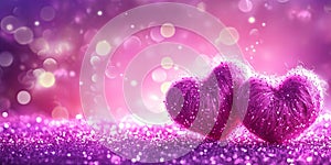 Two purple fluffy hearts on sparkling pink glitter background