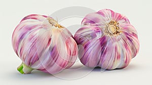 Two purple garlic bulbs on a white background
