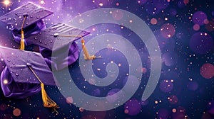 Two Purple Graduation Caps With Yellow Tassels
