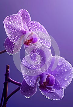 Two purple orchids with water droplets on them