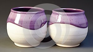 two purple and white vases sitting on a table top next to a gray background with a white stripe on the bottom of the vase
