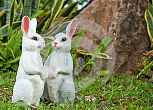 The two rabbit dolls in the garden