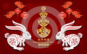 Two Rabbit Happy Chinese new year 2023. Year of Rabbit charector with asian style. Chinese translation is mean Year of Rabbit