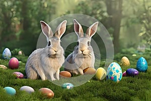 Two Rabbits and Easter eggs in nature. AI generated