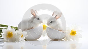 Two rabbits in eggshells showing Easter symbols.AI Generated