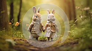 Two rabbits in a forest holding hands, AI