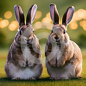 Two rabbits on green grass at a wedding.Generative AI
