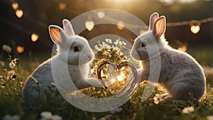 Two Adorable Bunnies Sharing a Heart at Sunset
