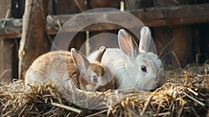 Two Rabbits Resting In Hay
