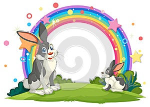 Two rabbits playing under a colorful rainbow