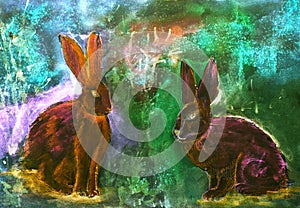 Two rabbits in psychedelia. photo