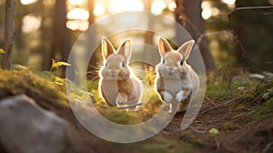 Two rabbits running through the woods at sunset, AI
