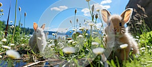 Two rabbits sitting in the grass and flowers. Panoramic image