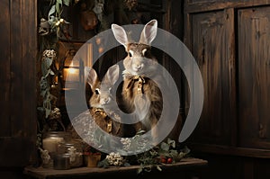 Two rabbits sitting on a wooden table, an image with dim light and a Christmas atmosphere