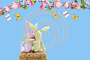 Two rabbits on a straw bale with butterflies and flowers