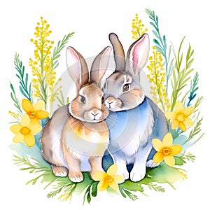 two rabbits among yellow flowers against white background, watercolor illustration. concepts: Easter celebrations