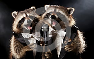 Two raccoons in tuxedos sing into a karaoke microphone photo