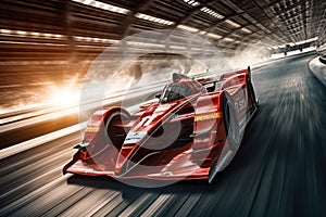 Two race cars zooming through a tunnel on a track, showcasing thrilling motorsport action, Racing car at high speed, Racer on a