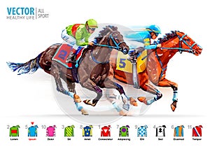 Two racing horses competing with each other. Hippodrome. Racetrack. Derby. Jockey uniform. Isolated on white background