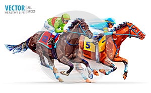 Two racing horses competing with each other. Hippodrome. Racetrack. Equestrian. Derby. Speed. Sport. Champion. Isolated