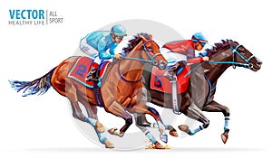 Two racing horses competing with each other. Sport. Champion. Hippodrome. Racetrack. Equestrian. Derby. Speed. Isolated