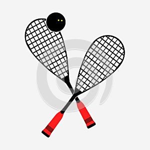 Two rackets and squash ball. Crossed squash rackets icon. Simple drawing.