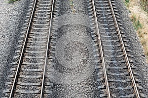 Two railroad on gravel. Top view. Ukrainian Railways