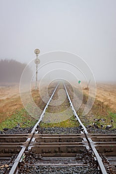 Two Railroads Crossing With Track Receding into Fog