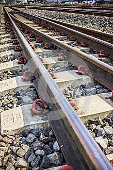 Two railway tracks merge together