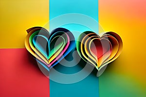 Two rainbow colored paper cut out in the love heart shape. Paper art rainbow heart background with 3d effect, heart shape in