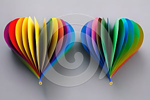 Two rainbow colored paper cut out in the love heart shape. Paper art rainbow heart background with 3d effect, heart shape in