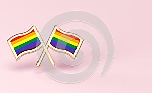 Two rainbow flags. Gay pride month or day concept. Isolated on pastel pink background with copy space. 3D rendering