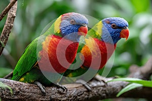 Two Colorful Rainbow Lorikeets Perched on a Branch