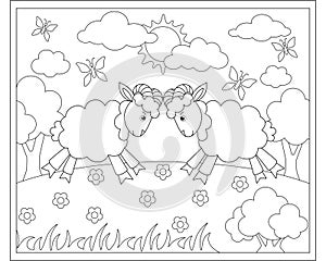 Two rams butt heads in a meadow - a vector linear picture for coloring.