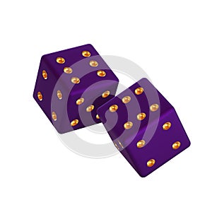 Two randomly rotated dark purple dice with gold embossed dots. Isolated on white background. 3d render