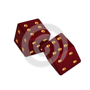 Two randomly rotated dark red dice with gold embossed dots. Isolated on white background. 3d render