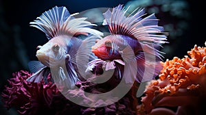 Two Rare pink fish species in the ocean , marine inhabitants among the corals, Exotic Aquarium