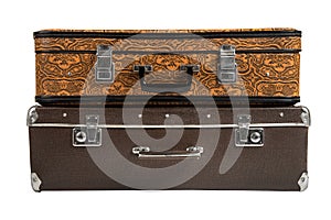 Two rarity brown leather suitcase, isolated