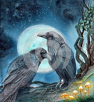 Two ravens under a bright moon